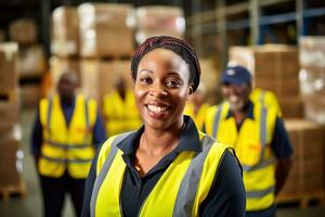 ai generato ritratto di sorridente africano americano femmina magazzino lavoratore in piedi nel magazzino con colleghi nel sfondo foto