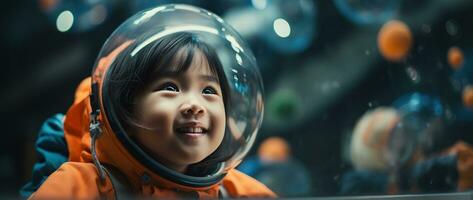 ai generato ritratto di un' carino asiatico poco ragazza indossare astronauta costume e sorridente nel spazio foto