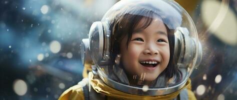 ai generato ritratto di un' carino asiatico poco ragazza indossare astronauta costume e sorridente nel spazio foto