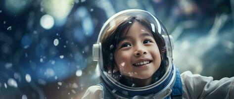 ai generato ritratto di un' carino asiatico poco ragazza indossare astronauta costume e sorridente nel spazio foto