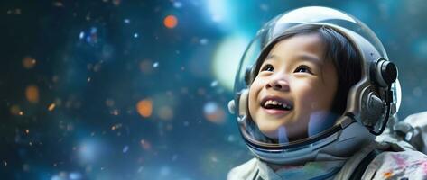 ai generato ritratto di un' carino asiatico poco ragazza indossare astronauta costume e sorridente nel spazio foto