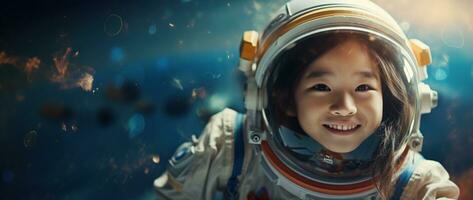 ai generato ritratto di un' carino asiatico poco ragazza indossare astronauta costume e sorridente nel spazio foto