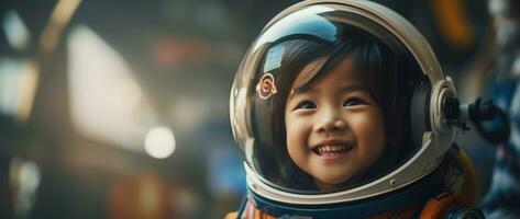 ai generato ritratto di un' carino asiatico poco ragazza indossare astronauta costume e sorridente nel spazio foto