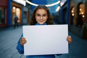 ai generato carino poco ragazza Tenere vuoto bianca foglio di carta nel sua mani foto