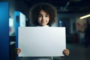 ai generato carino poco ragazza Tenere vuoto bianca foglio di carta nel sua mani foto