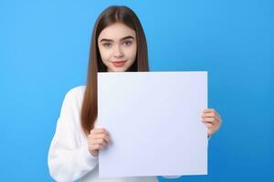 ai generato carino poco ragazza Tenere vuoto bianca foglio di carta nel sua mani foto