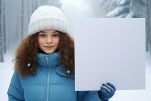 ai generato carino poco ragazza Tenere vuoto bianca foglio di carta nel sua mani foto