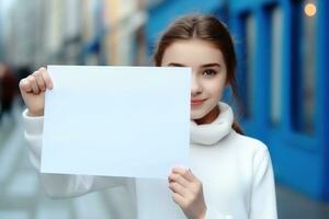 ai generato carino poco ragazza Tenere vuoto bianca foglio di carta nel sua mani foto