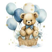 ai generato un' acquerello bambino orsacchiotto orso è seduta nel il cestino con blu e oro palloncini. ai generato foto