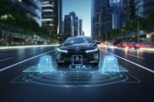 ai generato moderno inteligente auto tecnologia intelligente sistema utilizzando teste su Schermo hud autonomo se stesso guida modalità veicolo su città strada con grafico sensore radar segnale sistema intelligente macchina. foto