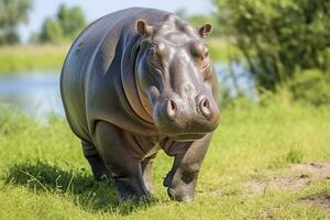 ai generato ippopotamo a piedi nel un' verde campo. ai generato foto