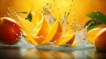 ai generato fresco Mango fetta con acqua spruzzo ai generativo foto