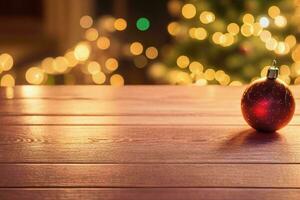 ai generato legna tavolo nel davanti di Natale leggero notte, astratto circolare bokeh sfondo. professionista foto