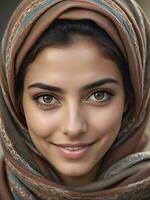 ai generato bellissimo musulmano donna sorridente e ridendo indossare un' hijab e decorato scialle foto