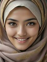 ai generato bellissimo musulmano donna sorridente e ridendo indossare un' hijab e decorato scialle foto