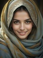 ai generato bellissimo musulmano donna sorridente e ridendo indossare un' hijab e decorato scialle foto