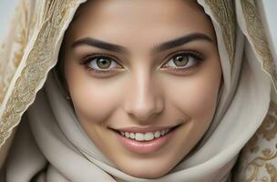 ai generato bellissimo musulmano donna sorridente e ridendo indossare un' hijab e decorato scialle foto