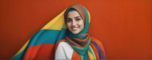 ai generato bellissimo musulmano donna sorridente e ridendo indossare un' hijab e decorato scialle foto