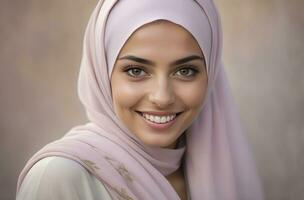 ai generato bellissimo musulmano donna sorridente e ridendo indossare un' hijab e decorato scialle foto
