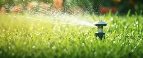 ai generato automatico giardino prato spruzzatore nel azione irrigazione erba. ai generato foto