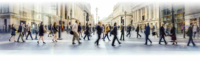 ai generato a piedi persone sfocatura. molte di persone camminare nel il città di Londra. largo panoramico Visualizza di persone attraversamento il strada. ai generato foto