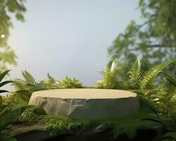 ai generato pietra Prodotto Schermo podio per cosmetico Prodotto con verde natura giardino sfondo. generativo ai foto