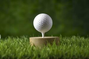 ai generato bianca golf palla su di legno tee con erba. generativo ai foto