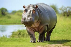 ai generato ippopotamo a piedi nel un' verde campo. ai generato foto