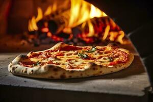 ai generato appena al forno Pizza avvicinamento, tradizionale legna licenziato forno sfondo. ai generato foto