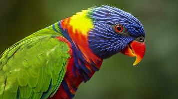 ai generato lato Visualizza avvicinamento di bellissimo e colorato lorikeet verde naped uccello. generativo ai foto