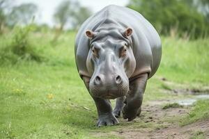 ai generato ippopotamo a piedi nel un' verde campo. ai generato foto