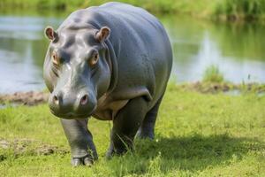 ai generato ippopotamo a piedi nel un' verde campo. ai generato foto