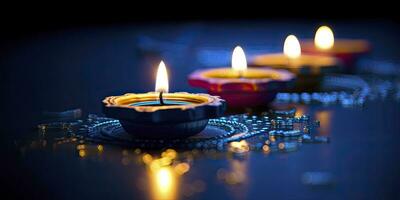 ai generato contento diwali. diya olio lampade erano illuminato durante il celebrazione. ai generato foto