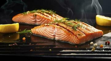 ai generato buongustaio cotoletta di fresco salmone condito con erbe aromatiche, spezie, e Limone gusto grigliate su un' piastra. ai generato. foto