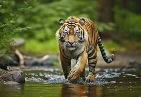 ai generato amur tigre a piedi nel il acqua. pericoloso animale. animale nel un' verde foresta flusso. generativo ai foto