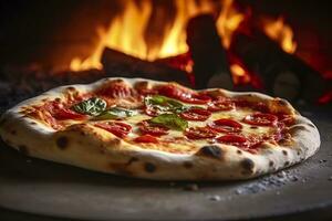 ai generato appena al forno Pizza avvicinamento, tradizionale legna licenziato forno sfondo. ai generato foto