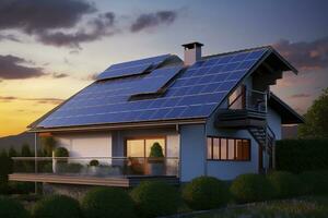 ai generato moderno Casa con blu solare pannelli su il tetto. fine di il giorno, tramonto. ai generato foto
