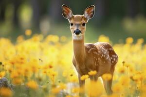 ai generato femmina capriolo cervo con bellissimo fiore. ai generato foto