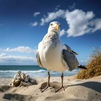 ai generato gabbiano su il spiaggia sotto blu cielo. foto