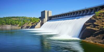 ai generato idroelettrico diga generando verde energia a partire dal fluente acqua. ai generato. foto