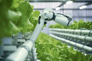 ai generato automatico agricolo tecnologia con avvicinamento Visualizza di robotica braccio raccolta lattuga nel verticale idroponica pianta. ai generato foto