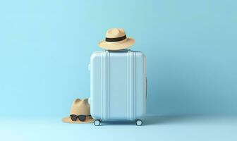 ai generato blu valigia con occhiali da sole su un' pastello blu sfondo. viaggio concetto. generativo ai foto