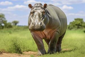 ai generato ippopotamo a piedi nel un' verde campo. ai generato foto