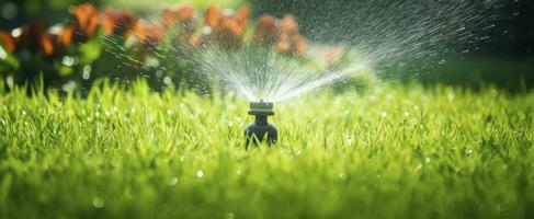 ai generato automatico giardino prato spruzzatore nel azione irrigazione erba. ai generato foto