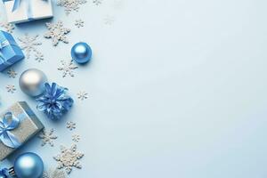 ai generato Natale vigilia concetto. superiore Visualizza foto di blu e argento palline fiocco di neve ornamenti elegante presente scatole e coriandoli. ai generato