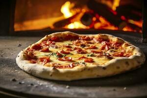 ai generato appena al forno Pizza avvicinamento, tradizionale legna licenziato forno sfondo. ai generato foto