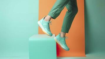 ai generato volante di moda scarpe da ginnastica su creativo colorato sfondo, elegante alla moda concetto. ai generato foto