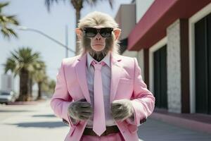 ai generato un' scimmia è indossare occhiali da sole, completo da uomo e in piedi su strada. ai generato foto