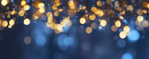 ai generato vacanza illuminazione e decorazione concetto, Natale ghirlanda bokeh luci al di sopra di buio blu sfondo. ai generato foto