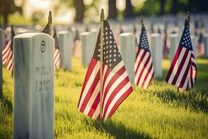 ai generato militare lapidi e lapidi decorato con bandiere per memoriale giorno. ai generato foto